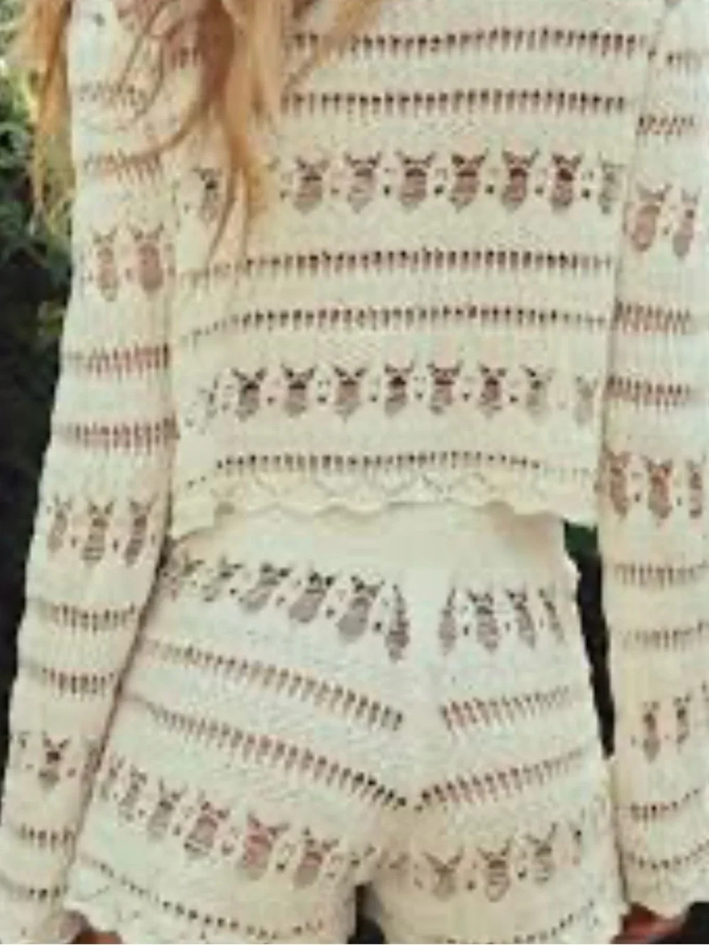 Zara Cream Crochet Knit Long Sleeve Top and shorts
